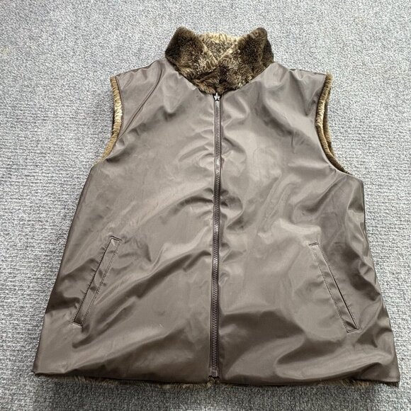 Giacca Gallery Vest Women’s Large Brown Faux Mink Fur Reversible Zip Mob Wife - Picture 2 of 12